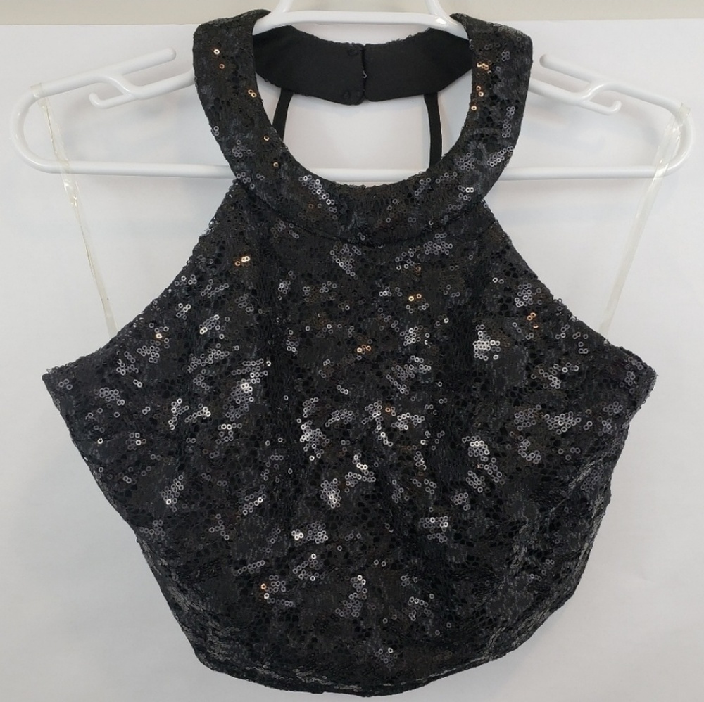 Sparkly Black Halter Crop Top with Sequins